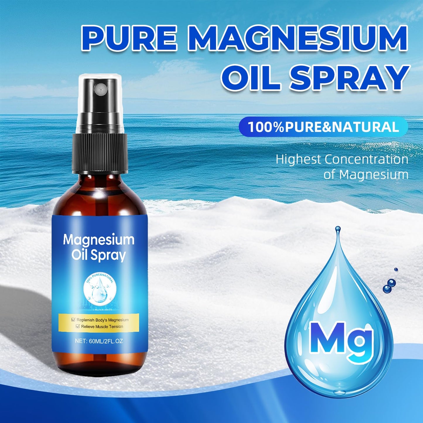 Pure Magnesium Oil Spray – Foot & Body Care, 60ml Leak-Proof Portable Bottle