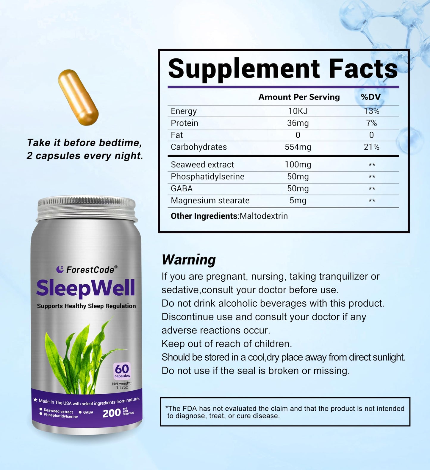 ForestCode Natural Sleep Aid for Adults — GABA & Seaweed Extract, Melatonin-Free, 60 Capsules