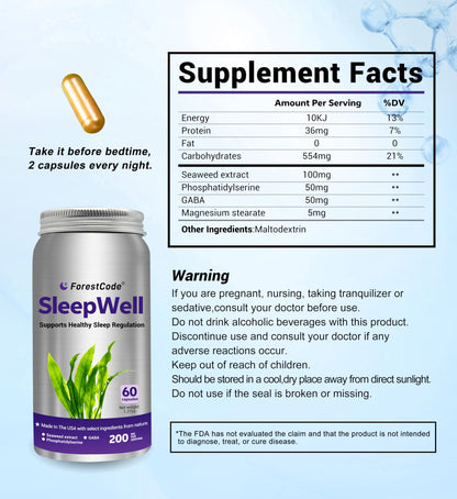 ForestCode Natural Sleep Aid for Adults — GABA & Seaweed Extract, Melatonin-Free, 60 Capsules