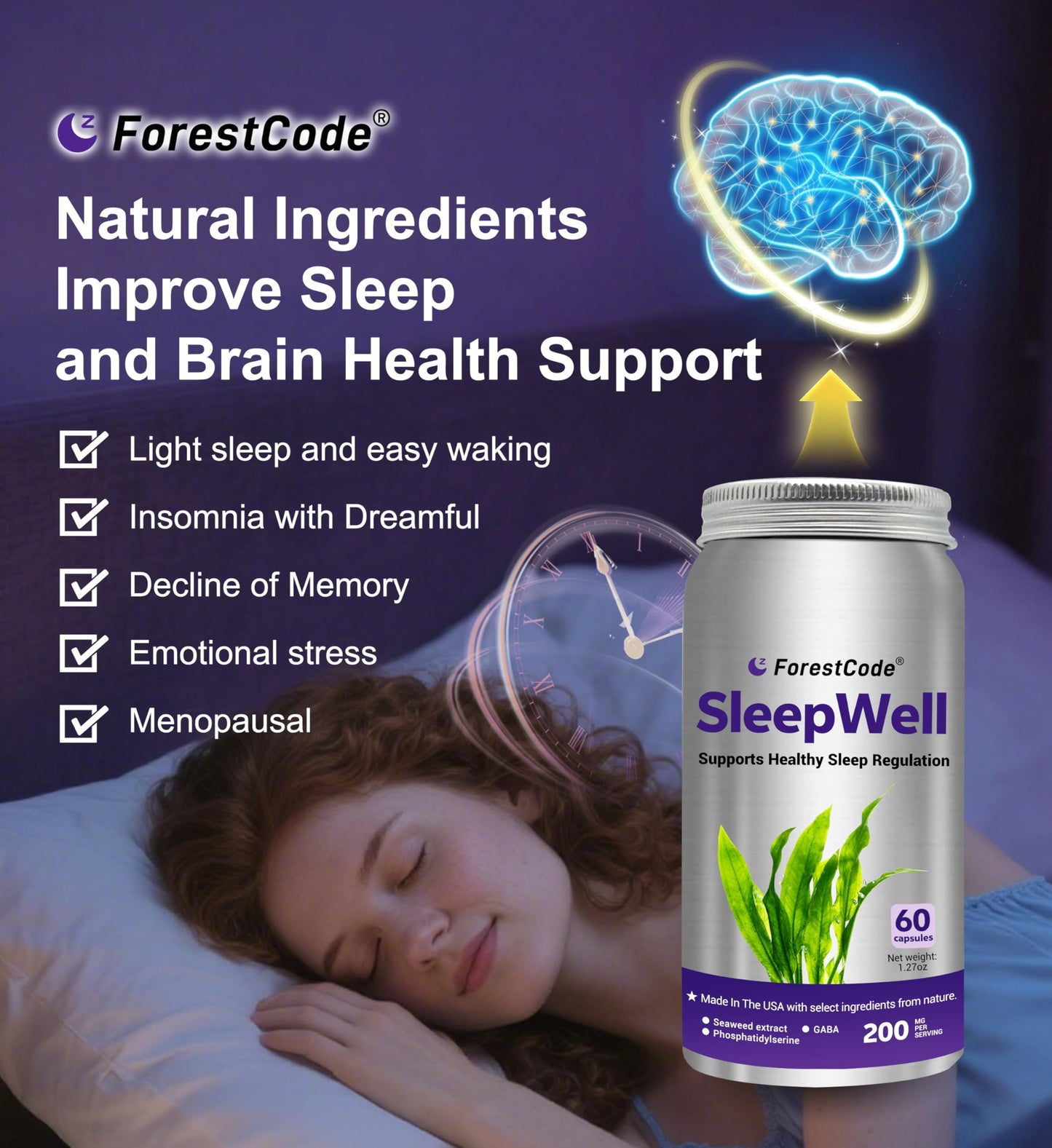 ForestCode Natural Sleep Aid for Adults — GABA & Seaweed Extract, Melatonin-Free, 60 Capsules