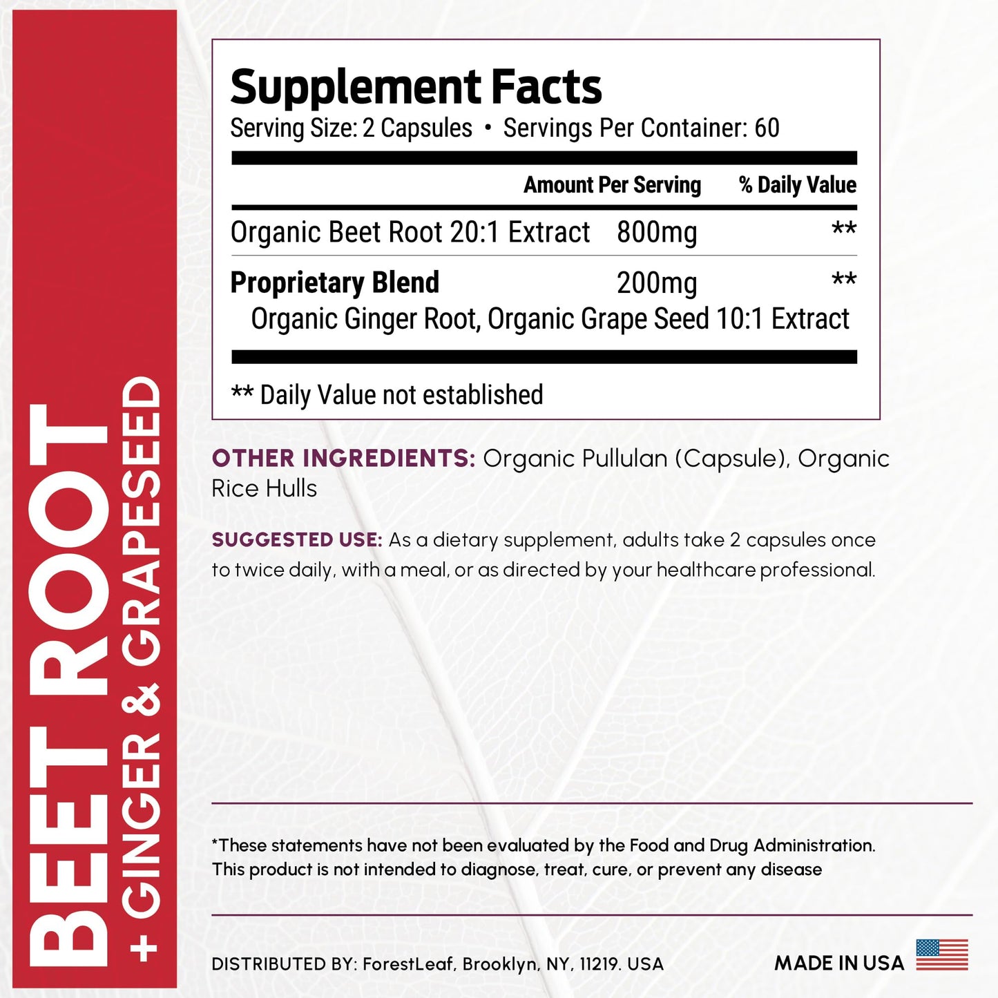 ForestLeaf Organic Beet Root Capsules – 20:1 Beet Extract with Ginger & Grape Seed | 120 Caps