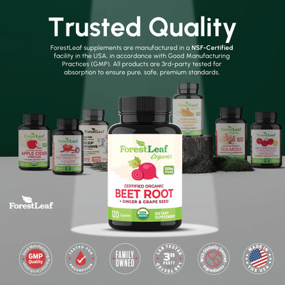 ForestLeaf Organic Beet Root Capsules – 20:1 Beet Extract with Ginger & Grape Seed | 120 Caps