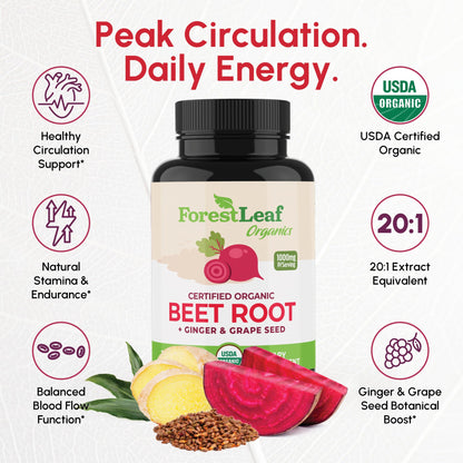 ForestLeaf Organic Beet Root Capsules – 20:1 Beet Extract with Ginger & Grape Seed | 120 Caps