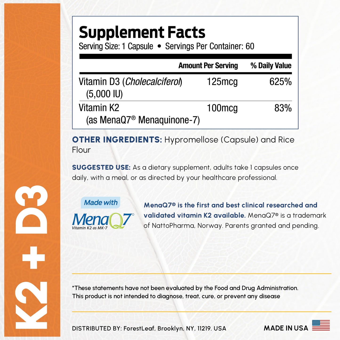 ForestLeaf Vitamin D3 + K2 (MK7) – MenaQ7, 5000 IU, 60 Veggie Capsules