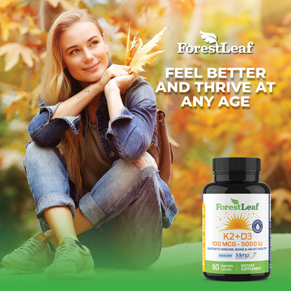 ForestLeaf Vitamin D3 + K2 (MK7) – MenaQ7, 5000 IU, 60 Veggie Capsules