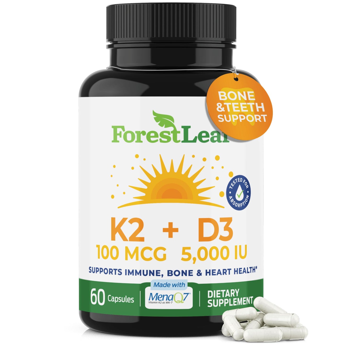 ForestLeaf Vitamin D3 + K2 (MK7) – MenaQ7, 5000 IU, 60 Veggie Capsules
