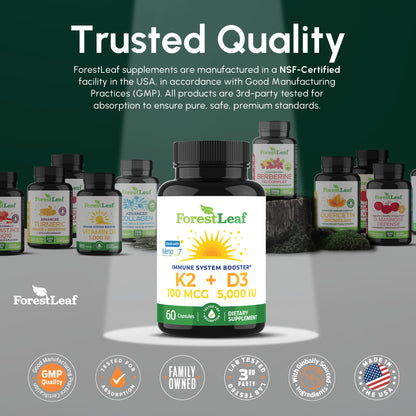 ForestLeaf Vitamin D3 + K2 (MK7) – MenaQ7, 5000 IU, 60 Veggie Capsules