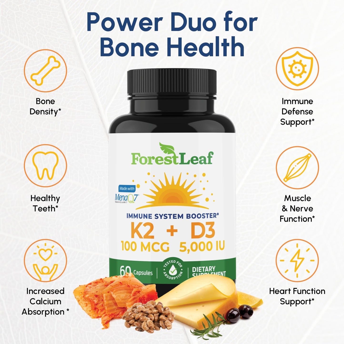 ForestLeaf Vitamin D3 + K2 (MK7) – MenaQ7, 5000 IU, 60 Veggie Capsules
