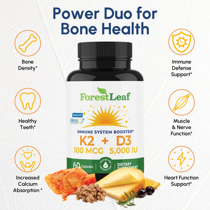 ForestLeaf Vitamin D3 + K2 (MK7) – MenaQ7, 5000 IU, 60 Veggie Capsules