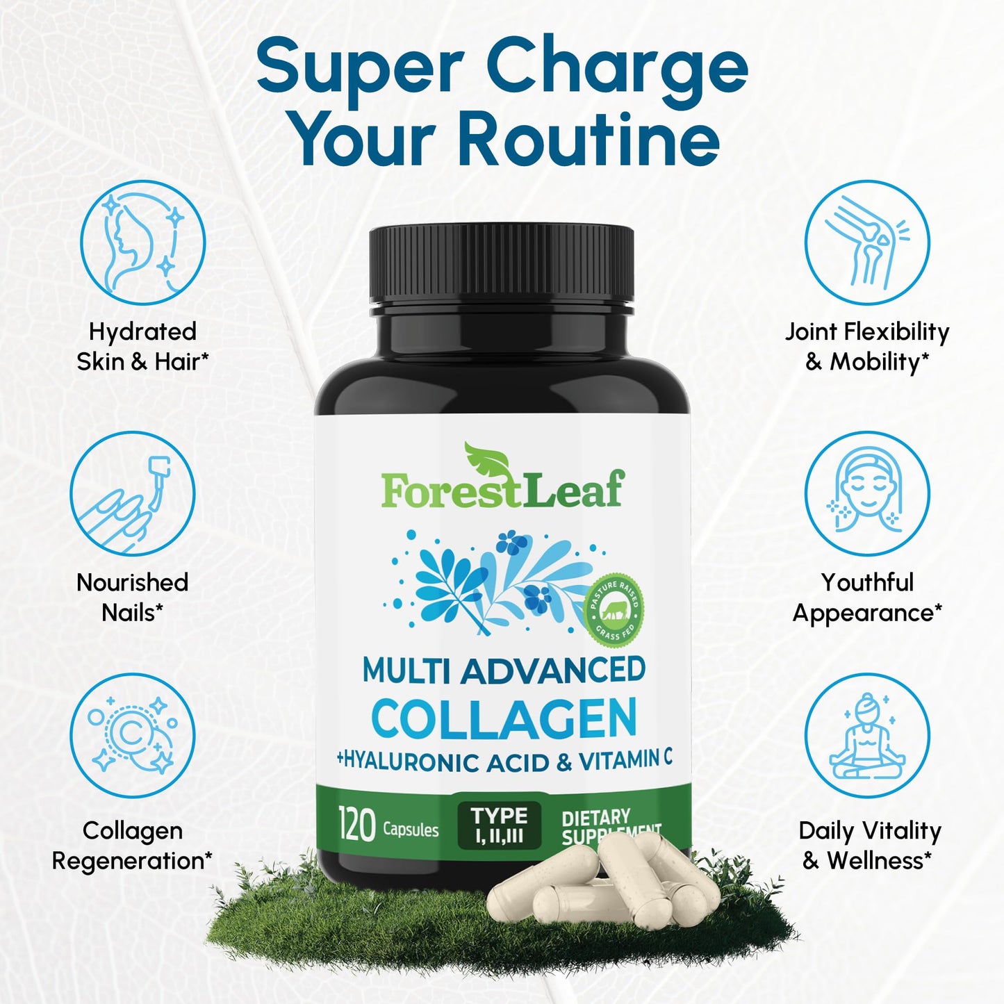 ForestLeaf Multi Collagen Pills with Hyaluronic Acid + Vitamin C | 120 Caps