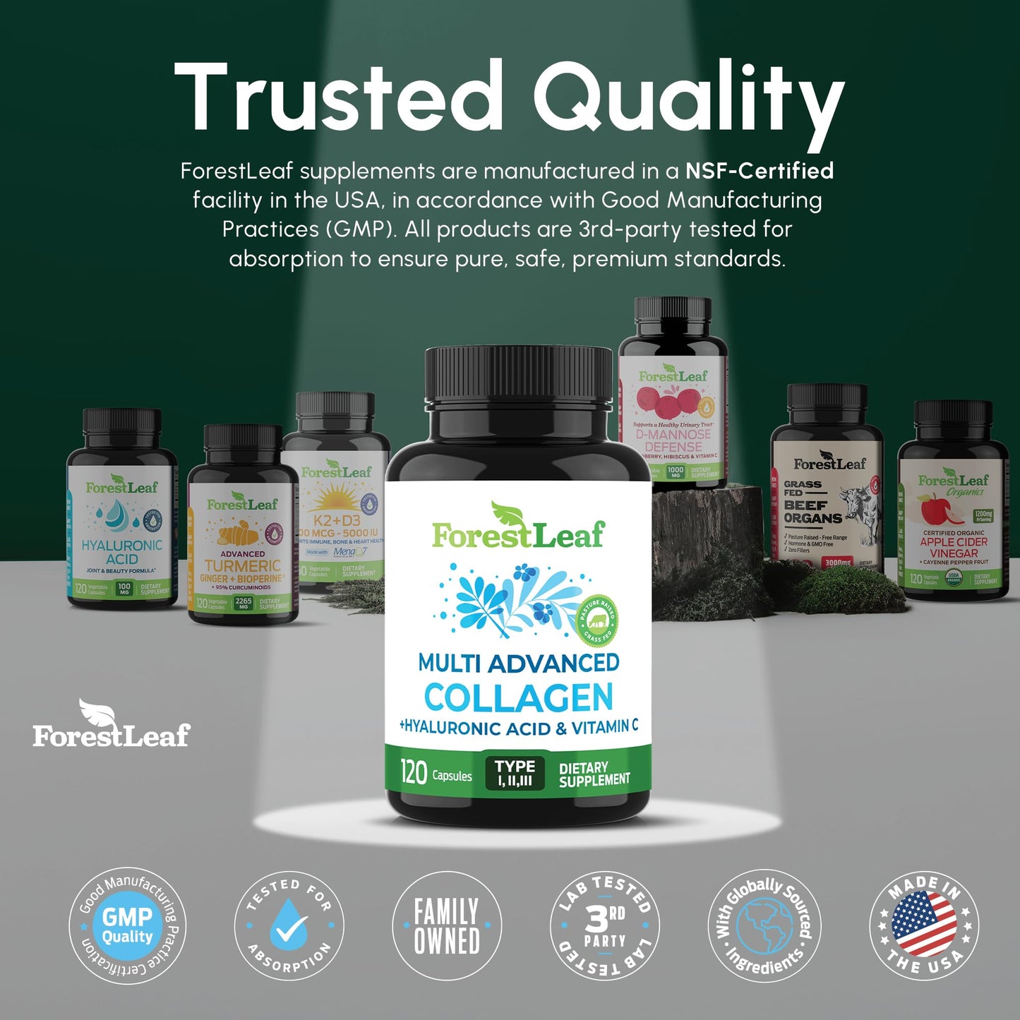 ForestLeaf Multi Collagen Pills with Hyaluronic Acid + Vitamin C | 120 Caps