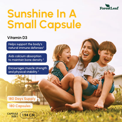 ForestLeaf Vitamin D3 5000 IU - 180 Count | Immune, Bone & Teeth Support