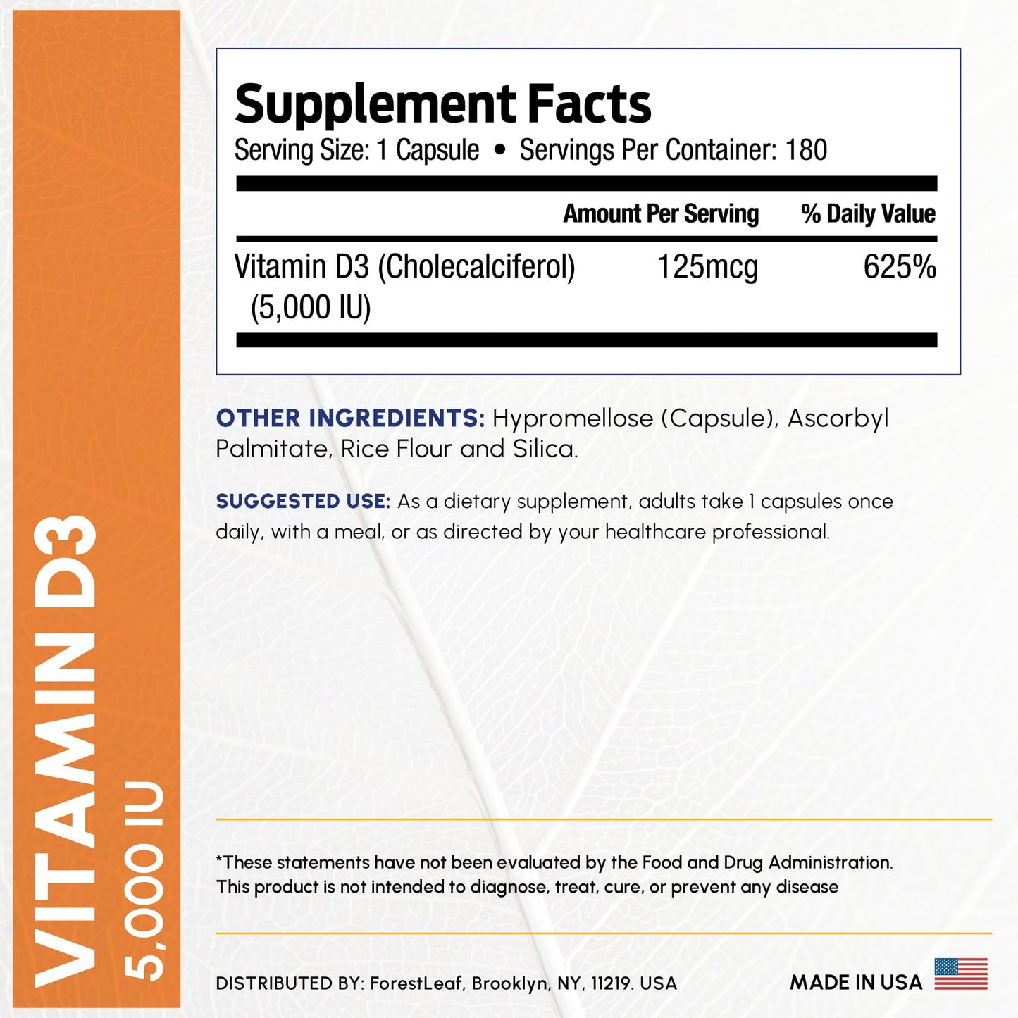 ForestLeaf Vitamin D3 5000 IU - 180 Count | Immune, Bone & Teeth Support