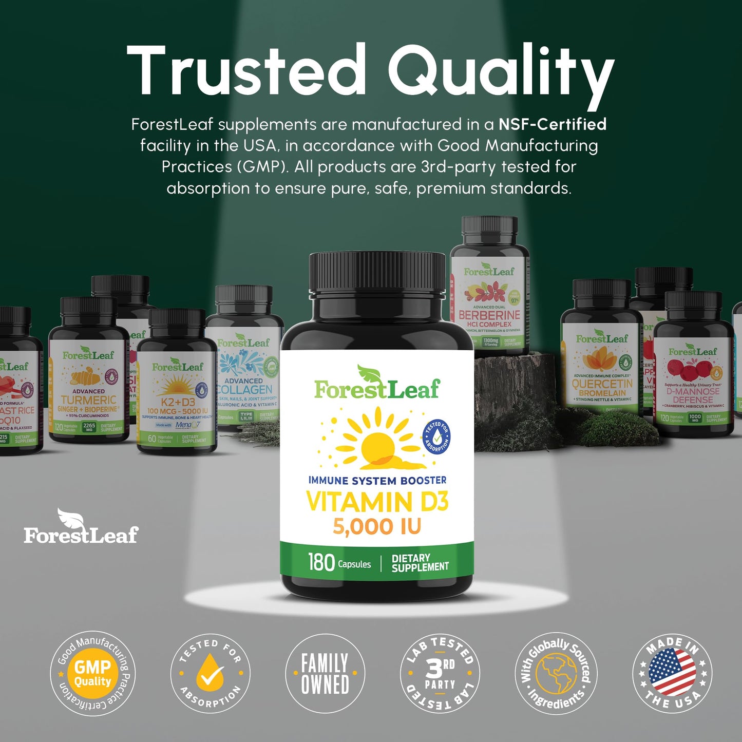 ForestLeaf Vitamin D3 5000 IU - 180 Count | Immune, Bone & Teeth Support