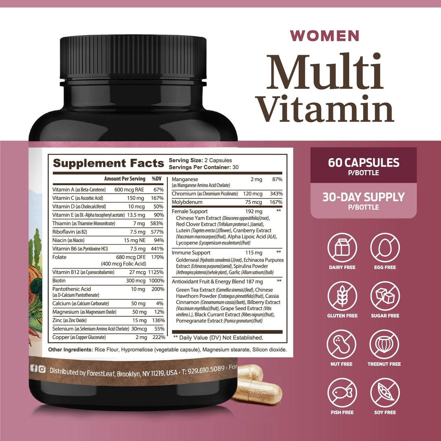 ForestLeaf Daily Vitamin Multivitamin for Women - Women's Multivitamin & Multiminerals (60 Veg Caps)