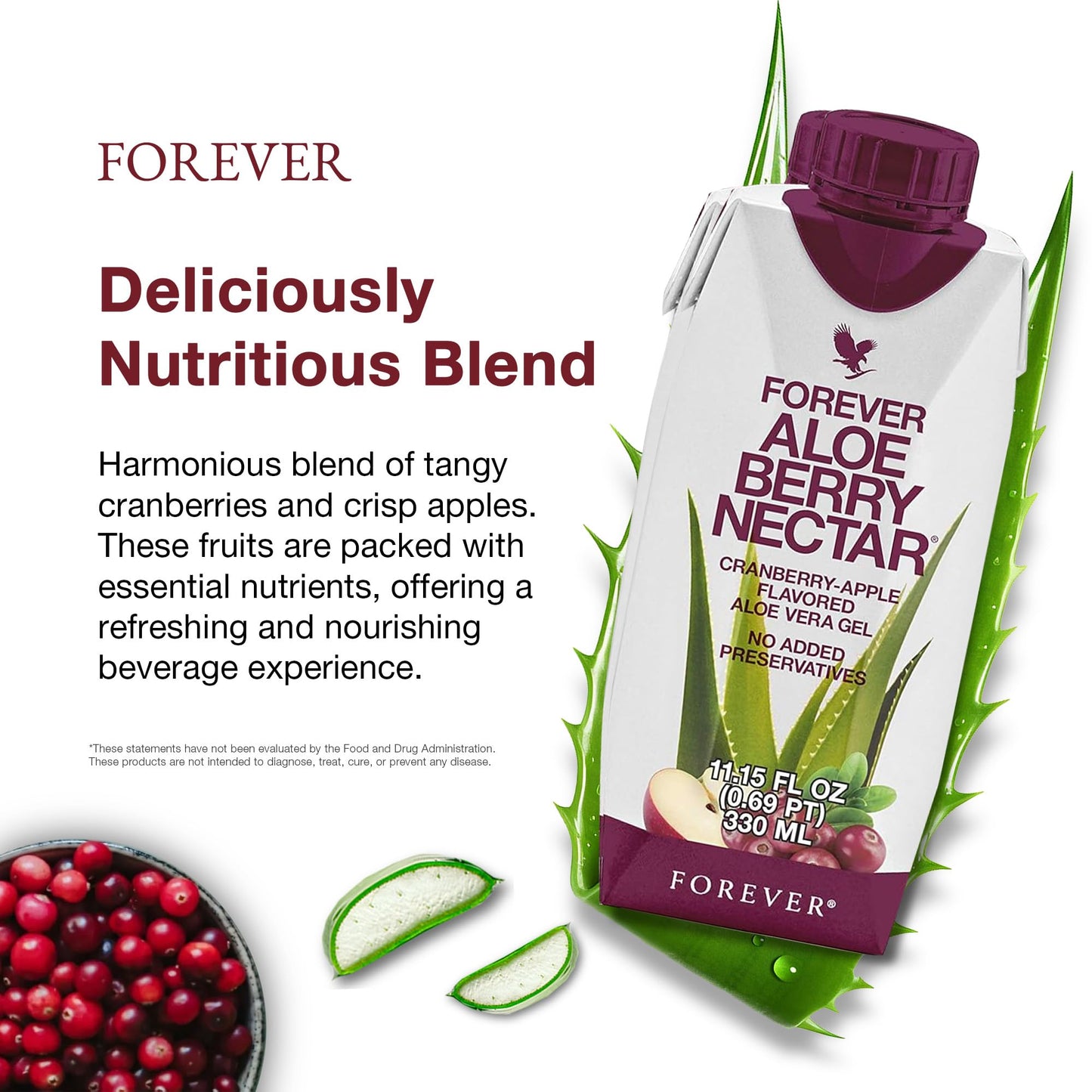 Forever Living Aloe Berry Nectar – 90.7% Pure Aloe Vera + Cranberries & Apples | No Preservatives | 330 ml (Pack of 6)