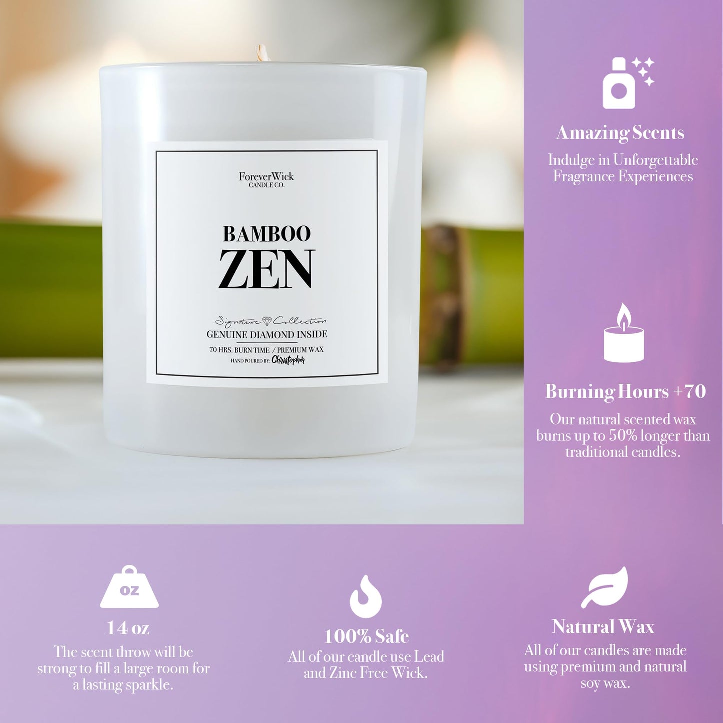 Foreverwick Bamboo Zen Candle – Diamond Gift, Aromatherapy, 70 Hours