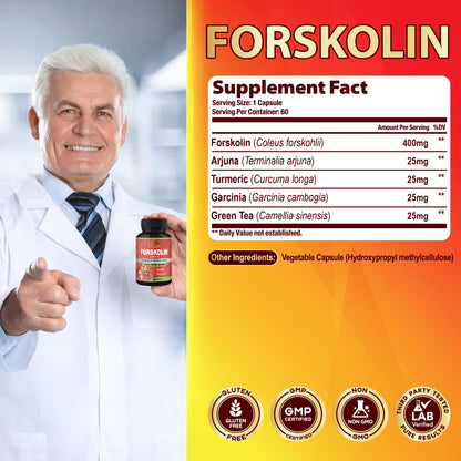 Forskolin Supplements Capsules with Turmeric Curcumin, Arjuna, Garcinia Cambogia, Green Tea – 60 Capsules