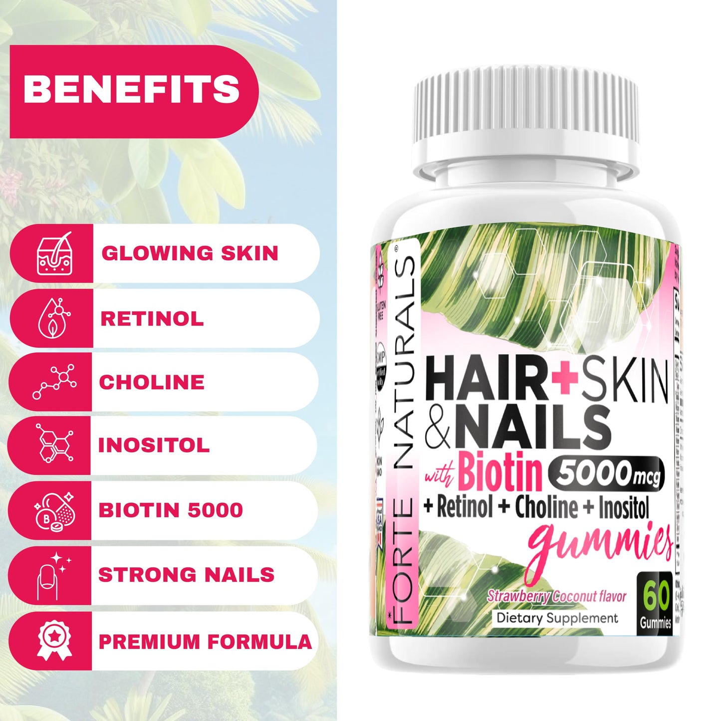 FORTE NATURALS Hair Growth Biotin Gummies for Women – 5000mcg Biotin, Hair Skin & Nails Vitamins, Made in USA