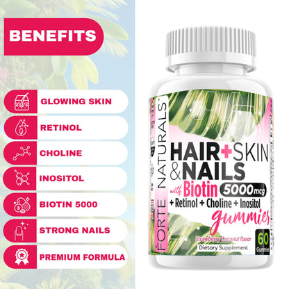FORTE NATURALS Hair Growth Biotin Gummies for Women – 5000mcg Biotin, Hair Skin & Nails Vitamins, Made in USA