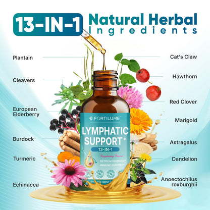 FORTILUME Lymphatic Drainage Drops - 13-in-1 Lymphatic & Immune Support, Elderberry & Echinacea, Raspberry Flavor, 2 fl oz (30 Servings)