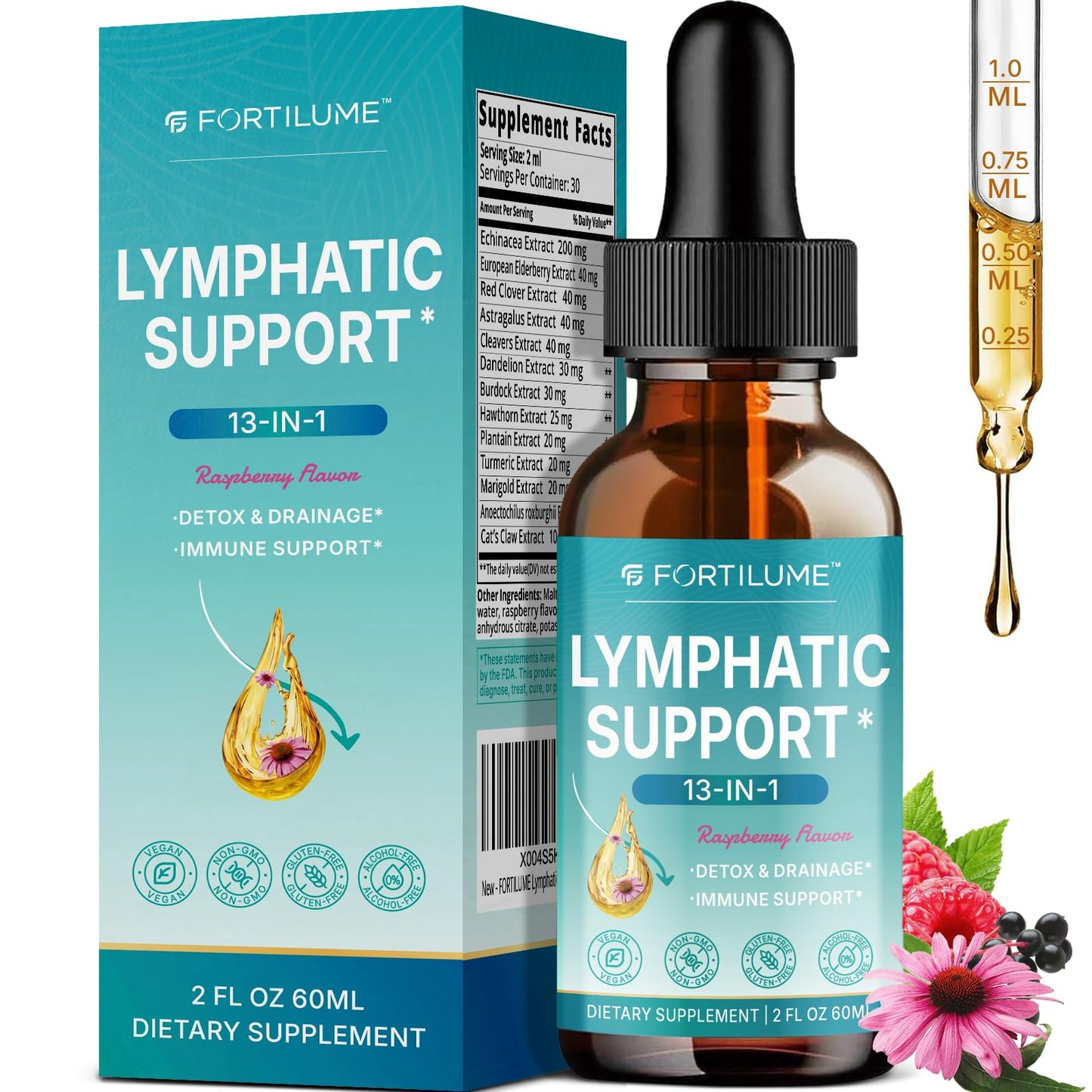 FORTILUME Lymphatic Drainage Drops - 13-in-1 Lymphatic & Immune Support, Elderberry & Echinacea, Raspberry Flavor, 2 fl oz (30 Servings)