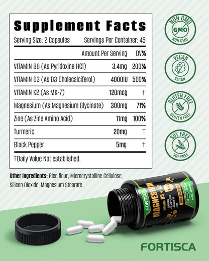 FORTISCA 7-in-1 Magnesium Glycinate 300mg — Sleep, Muscle & Bone Health (90 Capsules)