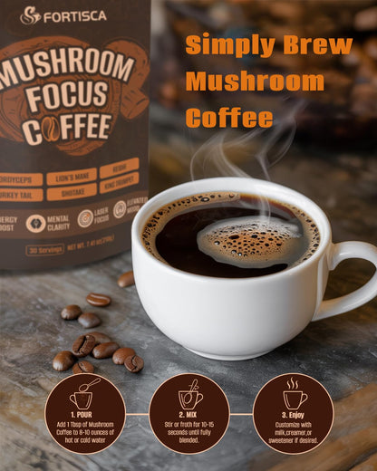 FORTISCA Mushroom Coffee (7.41oz / 210g) – 6-in-1 Instant Coffee with Lion's Mane, Cordyceps, Reishi, Shiitake, Turkey Tail & King Trumpet for Energy, Focus & Immune Support