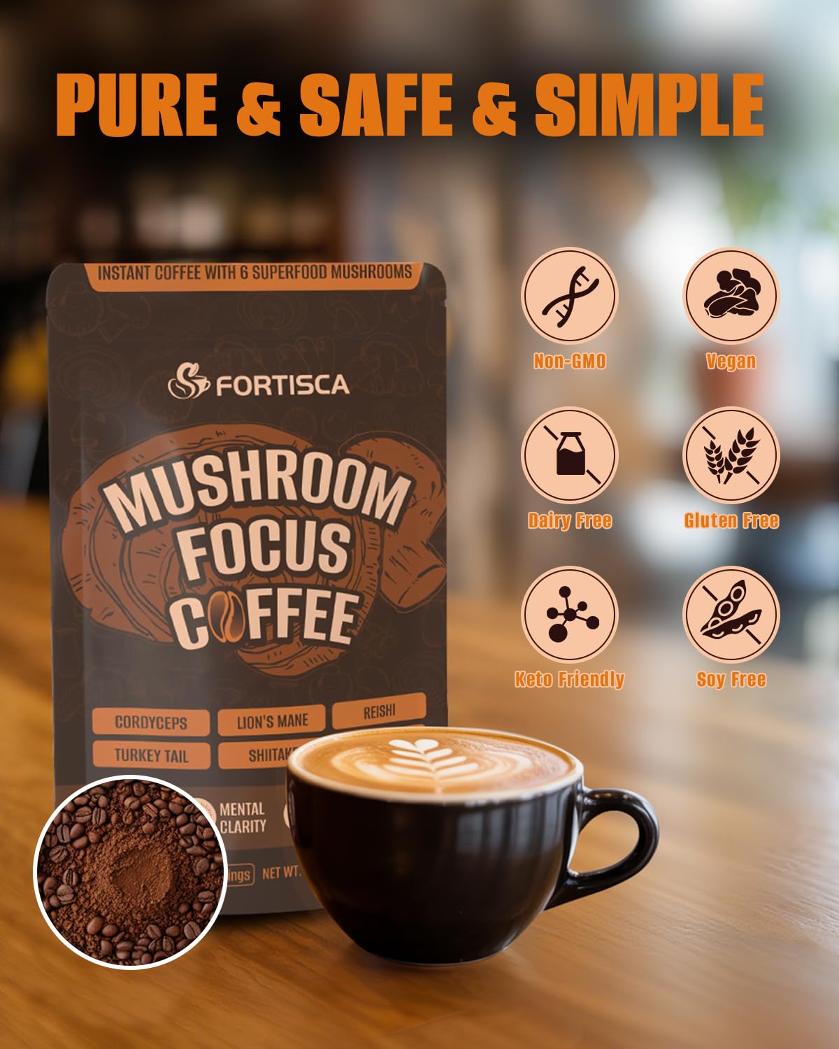 FORTISCA Mushroom Coffee (7.41oz / 210g) – 6-in-1 Instant Coffee with Lion's Mane, Cordyceps, Reishi, Shiitake, Turkey Tail & King Trumpet for Energy, Focus & Immune Support