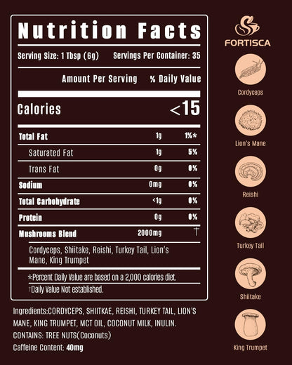 FORTISCA Mushroom Coffee (7.41oz / 210g) – 6-in-1 Instant Coffee with Lion's Mane, Cordyceps, Reishi, Shiitake, Turkey Tail & King Trumpet for Energy, Focus & Immune Support