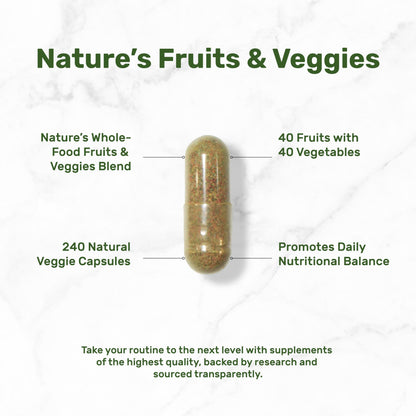 Nature's Fruits & Veggies Supplement – 240 Veggie Capsules, 80 Superfoods, 40 Fruits & 40 Greens – Non-GMO, Gluten Free