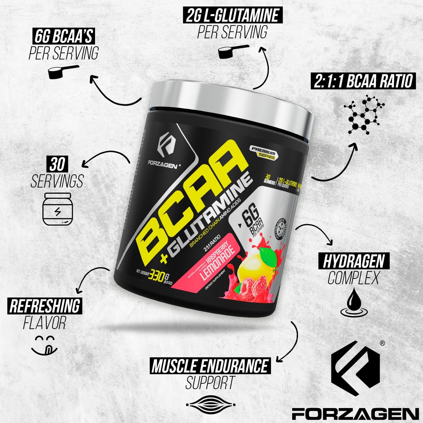 Forzagen BCAAs Amino Acids Powder with Glutamine – BCAA Supplements for Lean Energy, Pre & Post Workout Recovery | 30 Servings