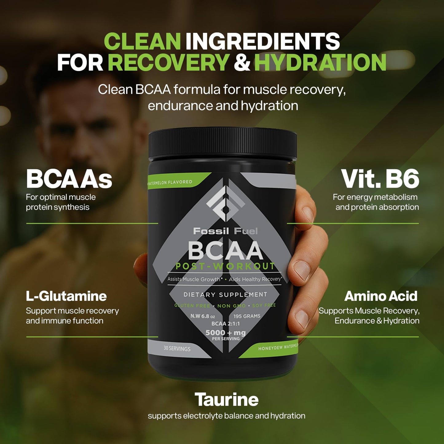 Fossil Fuel Sugar-Free BCAA Powder – Post-Workout Recovery (30 Servings) | Honeydew Watermelon