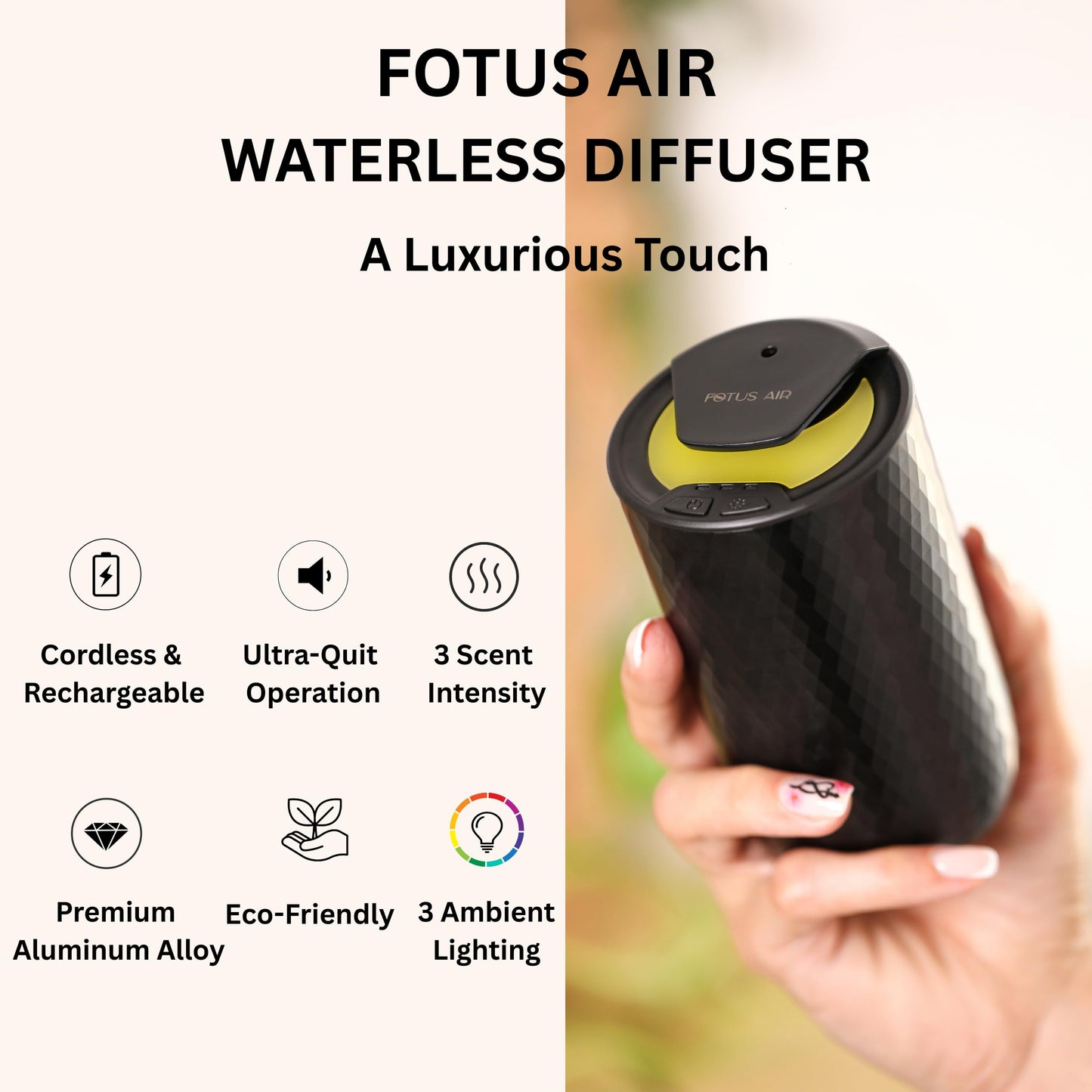 FOTUS AIR Waterless Diffuser | Portable Cordless Aromatherapy (3 Mist Levels, USB-C, 15ml, 4 Timers)