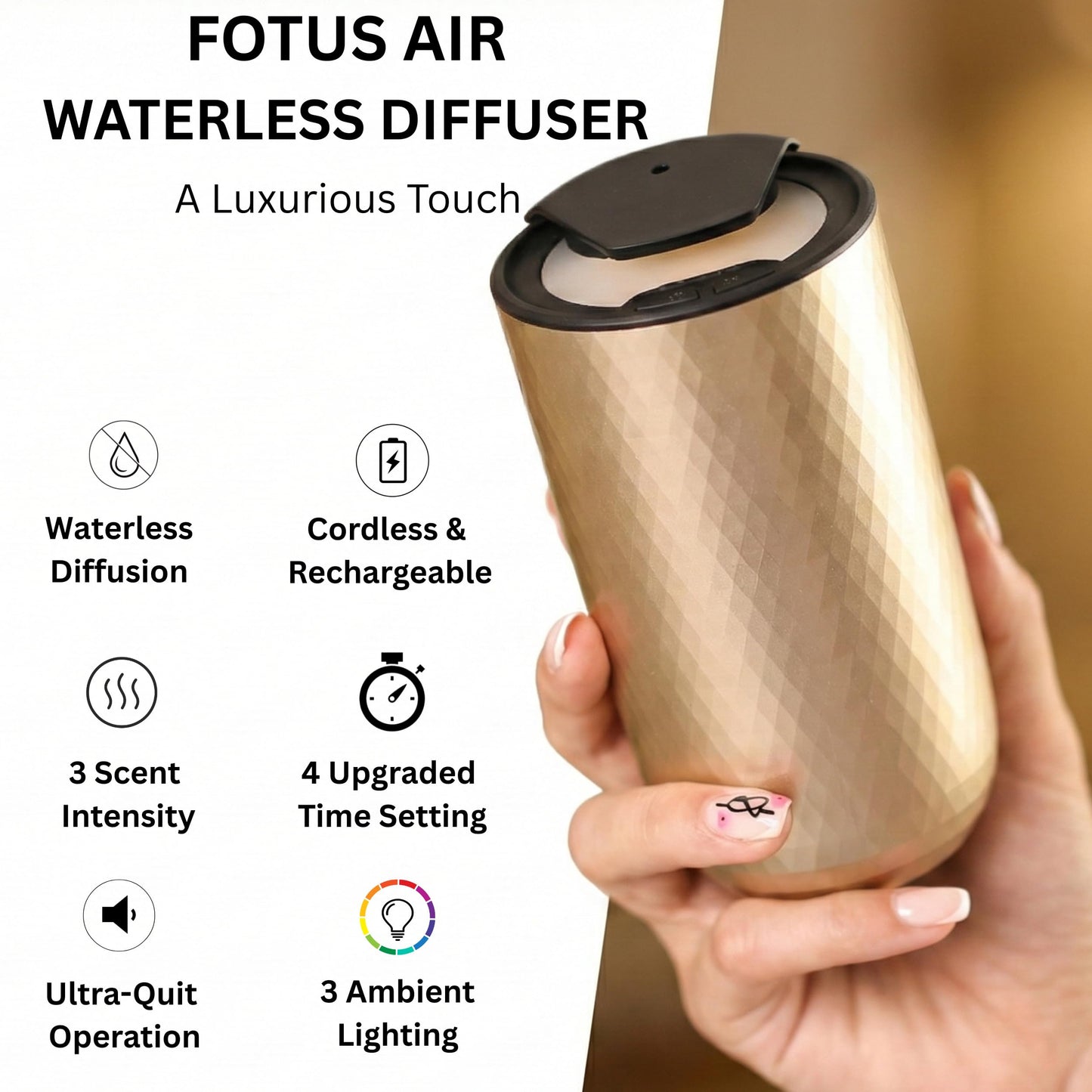 FOTUS AIR Waterless Diffuser – Portable USB-C Aromatherapy for Home, Car & Office | 3 Mist Levels, 15ml
