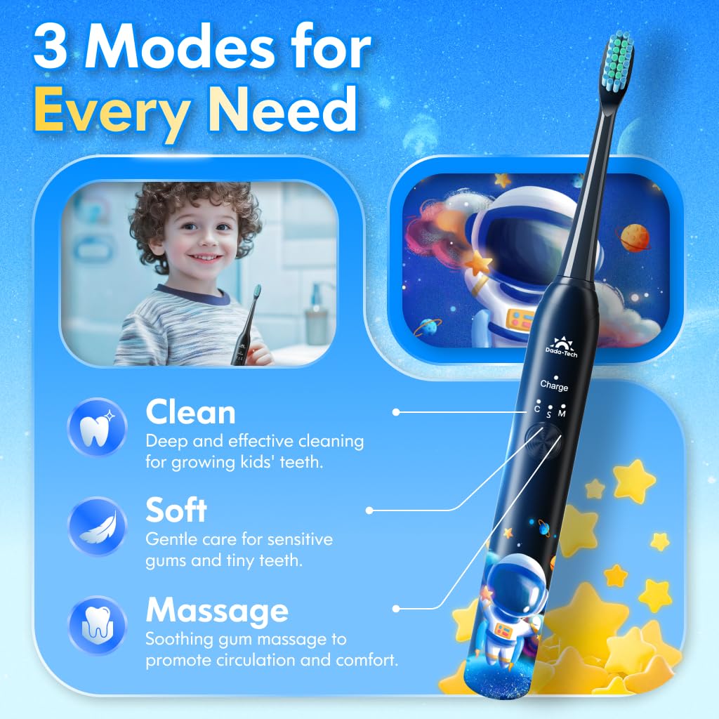 Kids Electric Toothbrush – Rechargeable Sonic Timer, 3 Modes, 4 Heads (Astronaut Black)