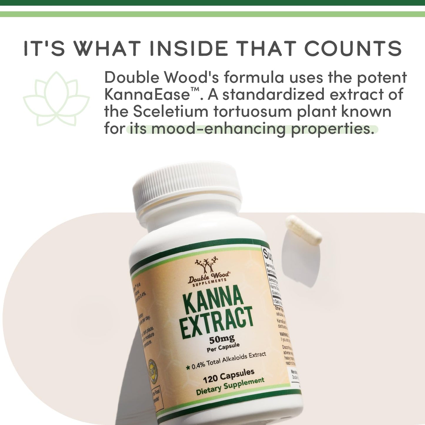Kanna Extract Supplement 50mg (120 Capsules) - Relaxation & Peace of Mind | Non-GMO, Gluten Free, Vegan Safe | Double Wood