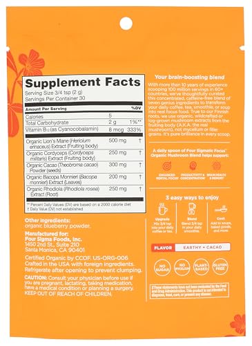 Four Sigmatic Focus Blend – 7-Superfood Adaptogen (Lion’s Mane, Cordyceps) – 30 Servings (Decaf)