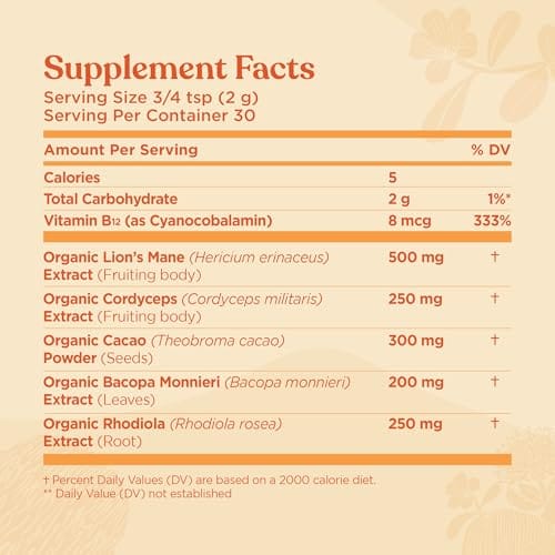Four Sigmatic Focus Blend | Organic Lion's Mane Powder with Adaptogen and Mushroom Blend | Includes Cordyceps, Rhodiola, Bacopa & Mucuna | 30 Servings
