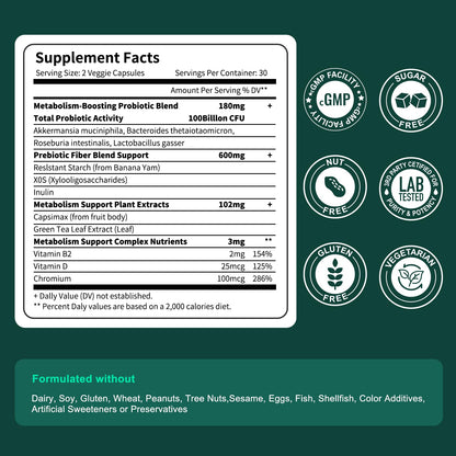 Natprime Akkermansia Probiotic GLP-1 Supplement – 100B CFU Akkermansia Muciniphila, Prebiotic Fiber, Metabolism & Gut Health | 60 Capsules