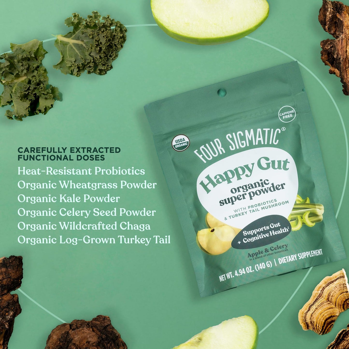 Four Sigmatic Organic Greens Powder – Probiotics & Prebiotics, Moringa, Chaga & Turkey Tail (4.94 oz)