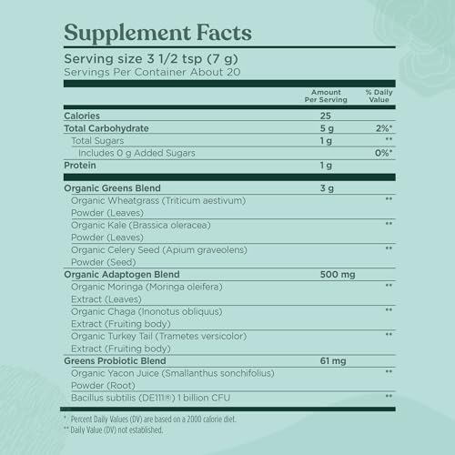 Four Sigmatic Organic Greens Powder – Probiotics & Prebiotics, Moringa, Chaga & Turkey Tail (4.94 oz)