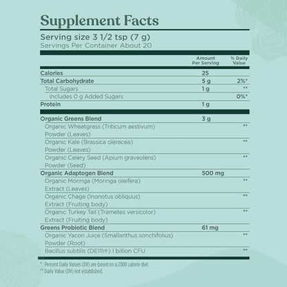 Four Sigmatic Organic Greens Powder – Probiotics & Prebiotics, Moringa, Chaga & Turkey Tail (4.94 oz)