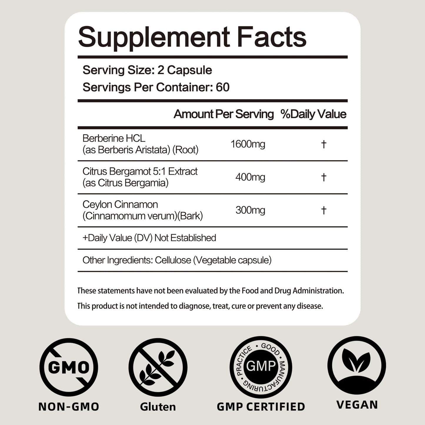 FraFr.gancia Berberine HCl with Ceylon Cinnamon & Citrus Bergamot – 120 Vegan Capsules