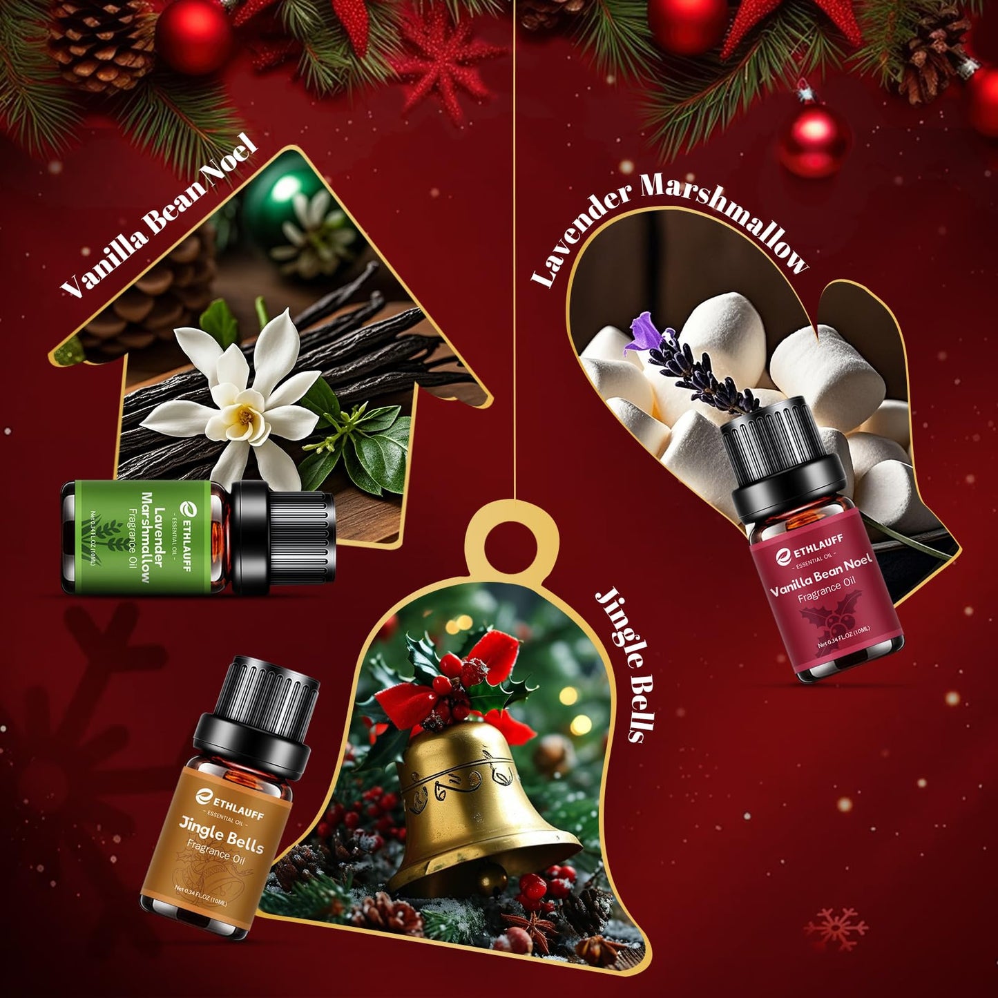 Fragrance Oil Christmas Set – Jingle Bells, Christmas Tree, Gingerbread & Vanilla Bean Noel for DIY Candles & Soap