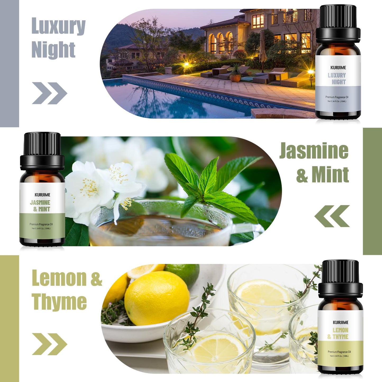 Fragrance Oils Hotel Collection Diffuser Oil Set – Luxury Night, Jasmine & Mint, Lemon & Thyme, White Tea, Floral Citrus, My Way