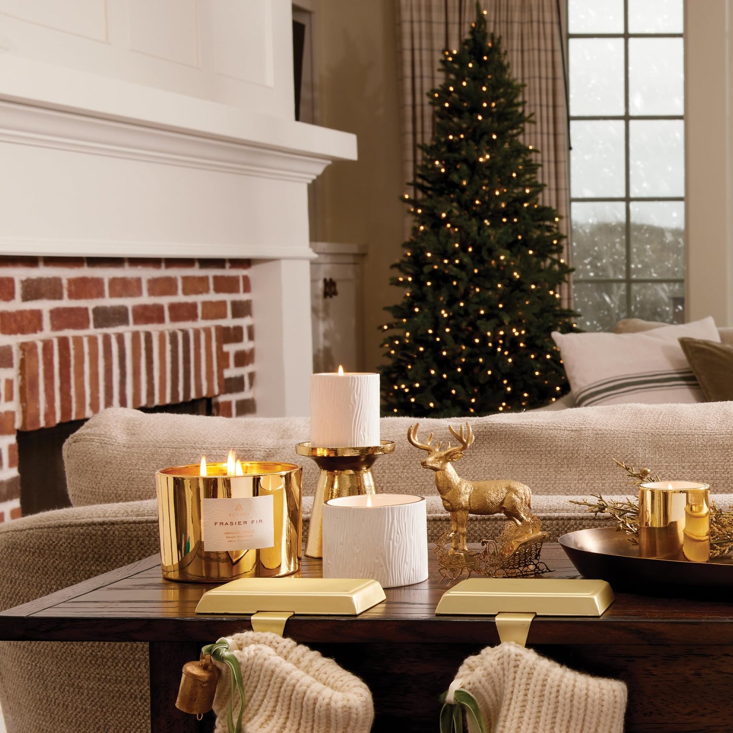 Thymes Frasier Fir Candle – Gilded Collection, 11 oz Wood Grain Ceramic with 24K Gold Rim