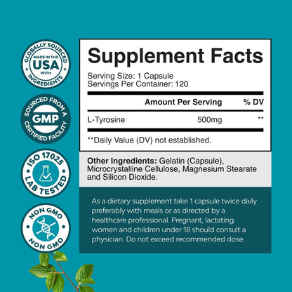 L-Tyrosine 500mg Capsules – High-Strength Nootropic for Mood, Focus & Mental Energy