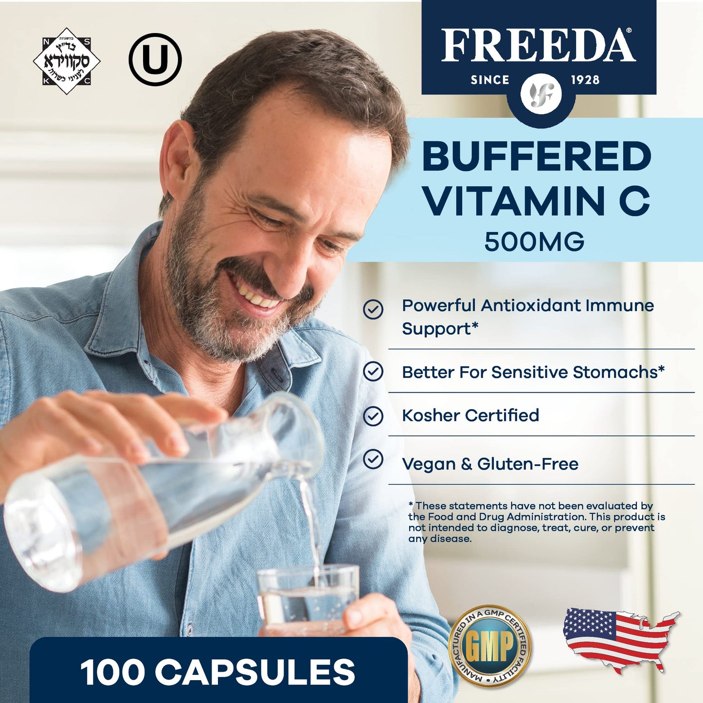 FREEDA Buffered Vitamin C 500mg – Non-Acidic Calcium Ascorbate | Immune Support & Antioxidant | 100 Capsules