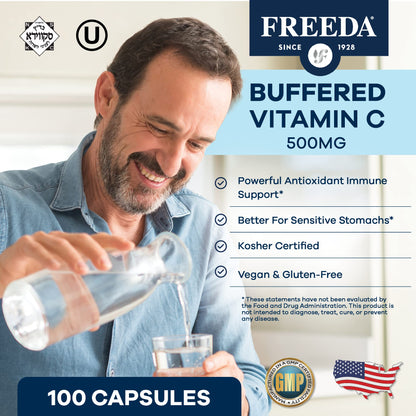FREEDA Buffered Vitamin C 500mg – Non-Acidic Calcium Ascorbate | Immune Support & Antioxidant | 100 Capsules
